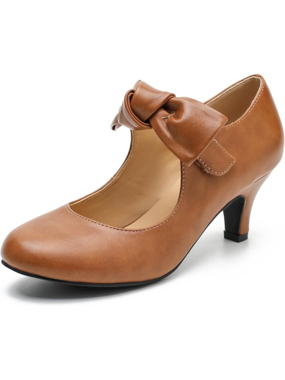 🎄Women's Brown Matte Bow Strap Mary Jane Kitten Heel Pumps Dress Office Shoes